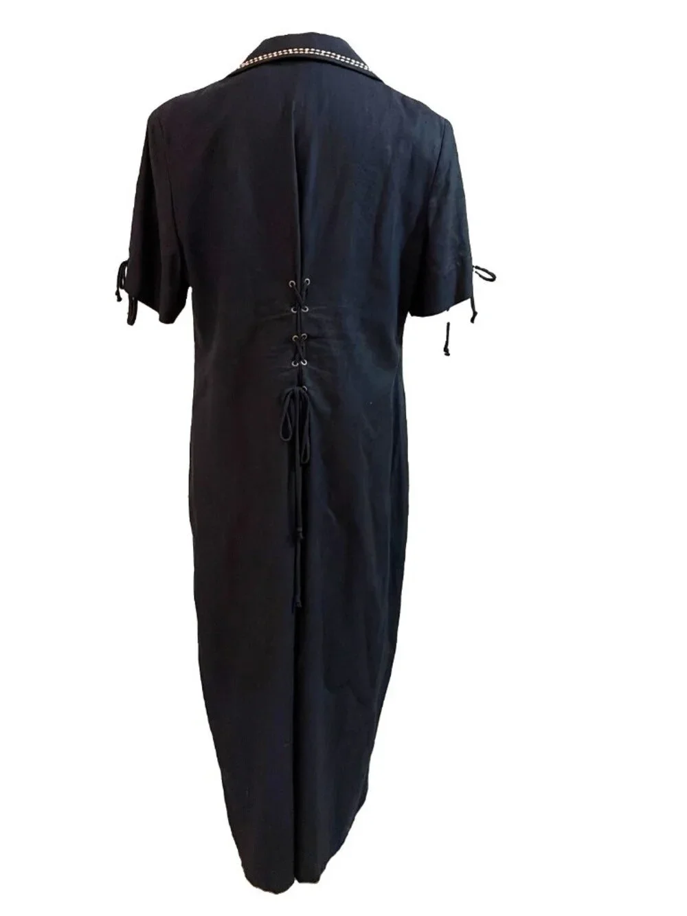 Vintage Sag Harbor Linen Blend Maxi Dress Size 14P Button Front Tie Back Modest